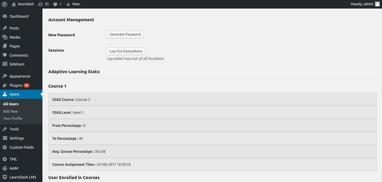 Adaptive Learnning With LearnDash user profile stats