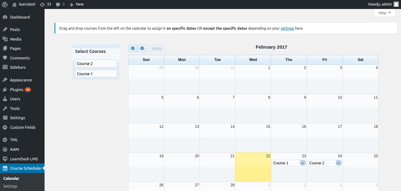 calendar page for Course Scheduler for LearnDash