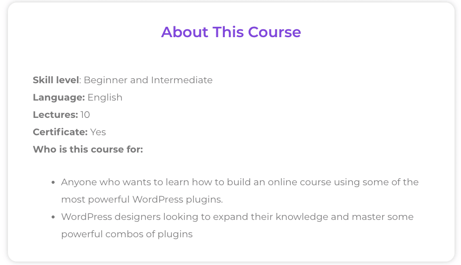 course page with elementor