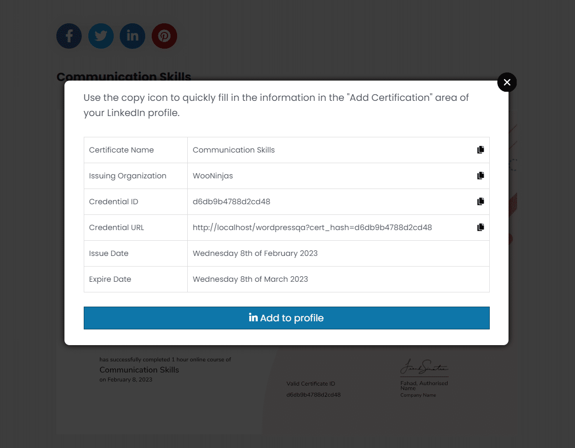 TutorLMS Add Certificates To LinkedIn Profile 2